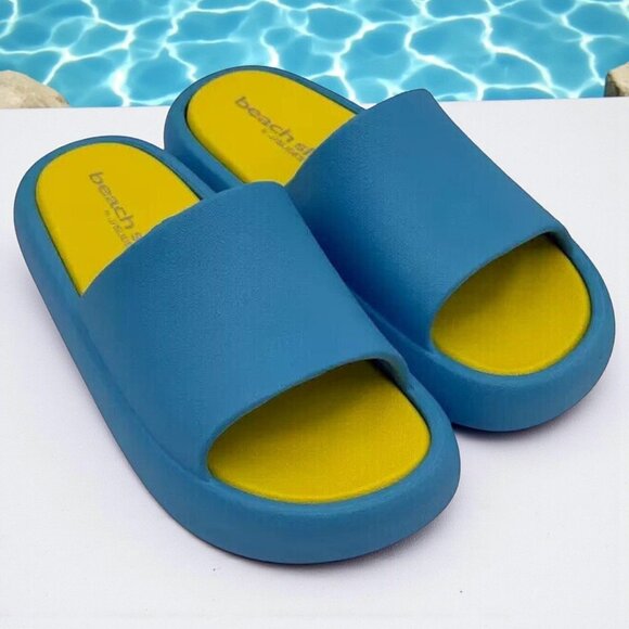 J/Slides Beach Slides Womens Sandals Turquoise/Yellow Slip-On Size 8 Open Toe Co - Picture 1 of 5
